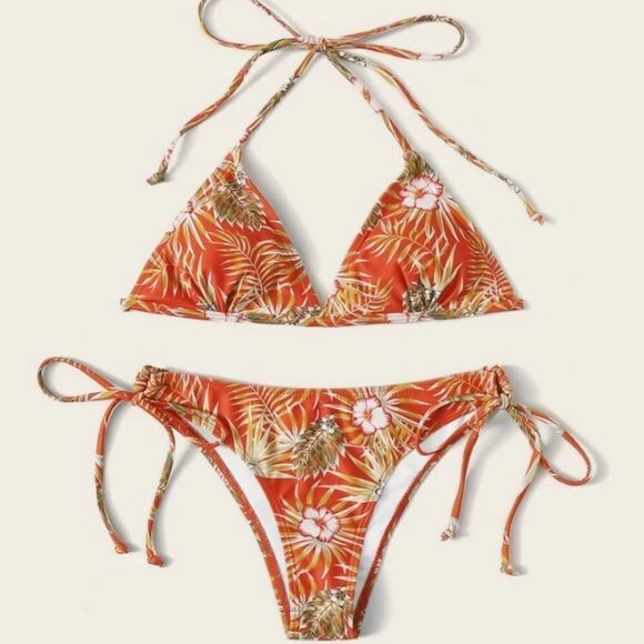 Hibiscus Tropical Print Bikini Orange Floral Med - Picture 1 of 3